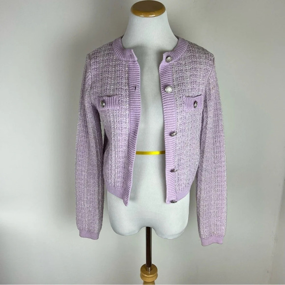 Mango Tweed Metallic Cardigan Sweater Lady Jacket Lavender Silver Size XS - Picture 5 of 13